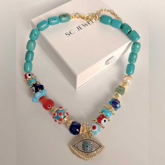 Gemstone Necklace | Natural Agate Stone | Turquoise Evil Eye | Handcrafted - Picture 3 of 9